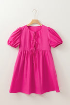Bright Pink Solid Color Puff Sleeve Tie Front High Waist Mini Dress