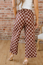 Sky Blue Checkered Elastic High Waist Loose Casual Pants