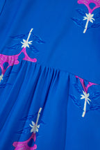 Blue Floral Print Notched Neck Butterfly Sleeve Shift Long Dress