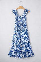 Blue Floral Ruffle Strap Square Neck Smocked Bodice Midi Dress