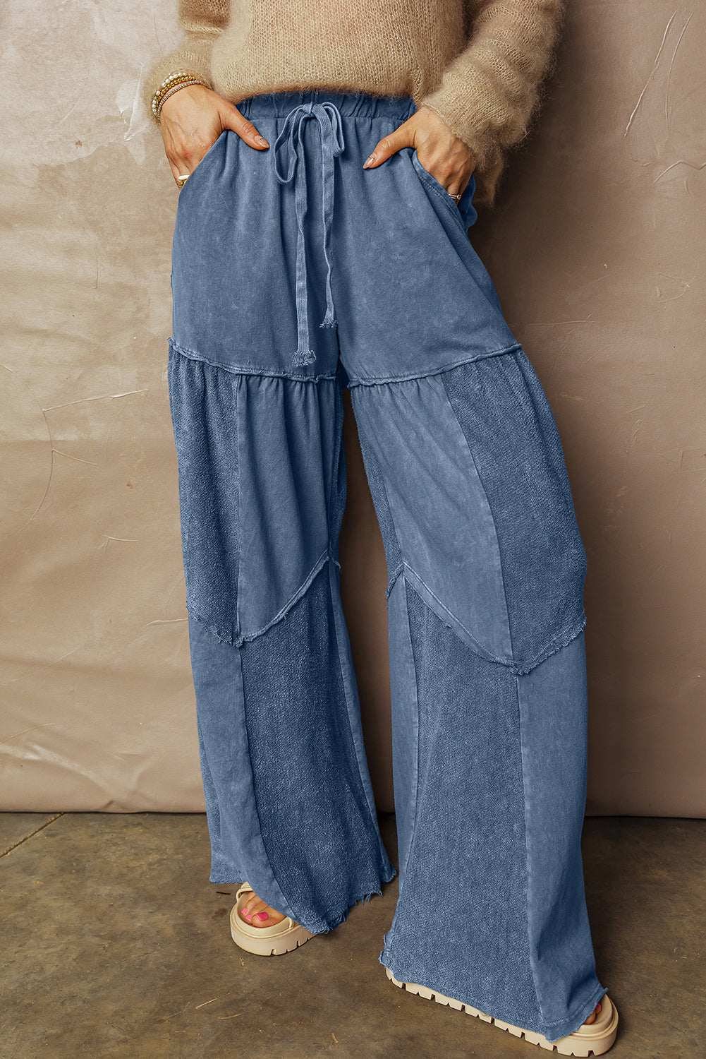Black Mineral Wash Tiered Wide Leg Patchwork Drawstring Pants