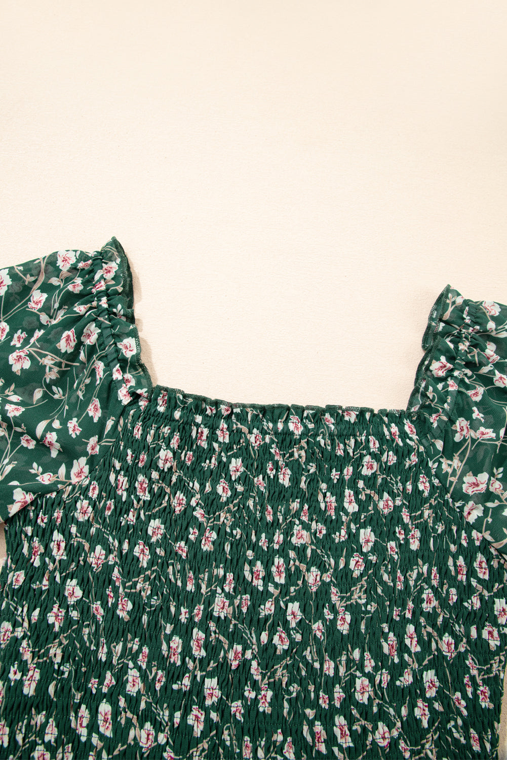 Green Smocked Square Neck Puff Short Sleeve Floral Dress