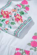 White Floral Print Half Button Mandarin Neck 3/4 Sleeve Maxi Dress