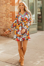 Orange Floral Print Striped Lace V Neck Long Sleeve Mini Dress