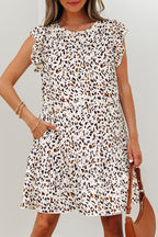 Khaki Leopard Ruffled Flutter Sleeve Keyhole Back Mini Dress