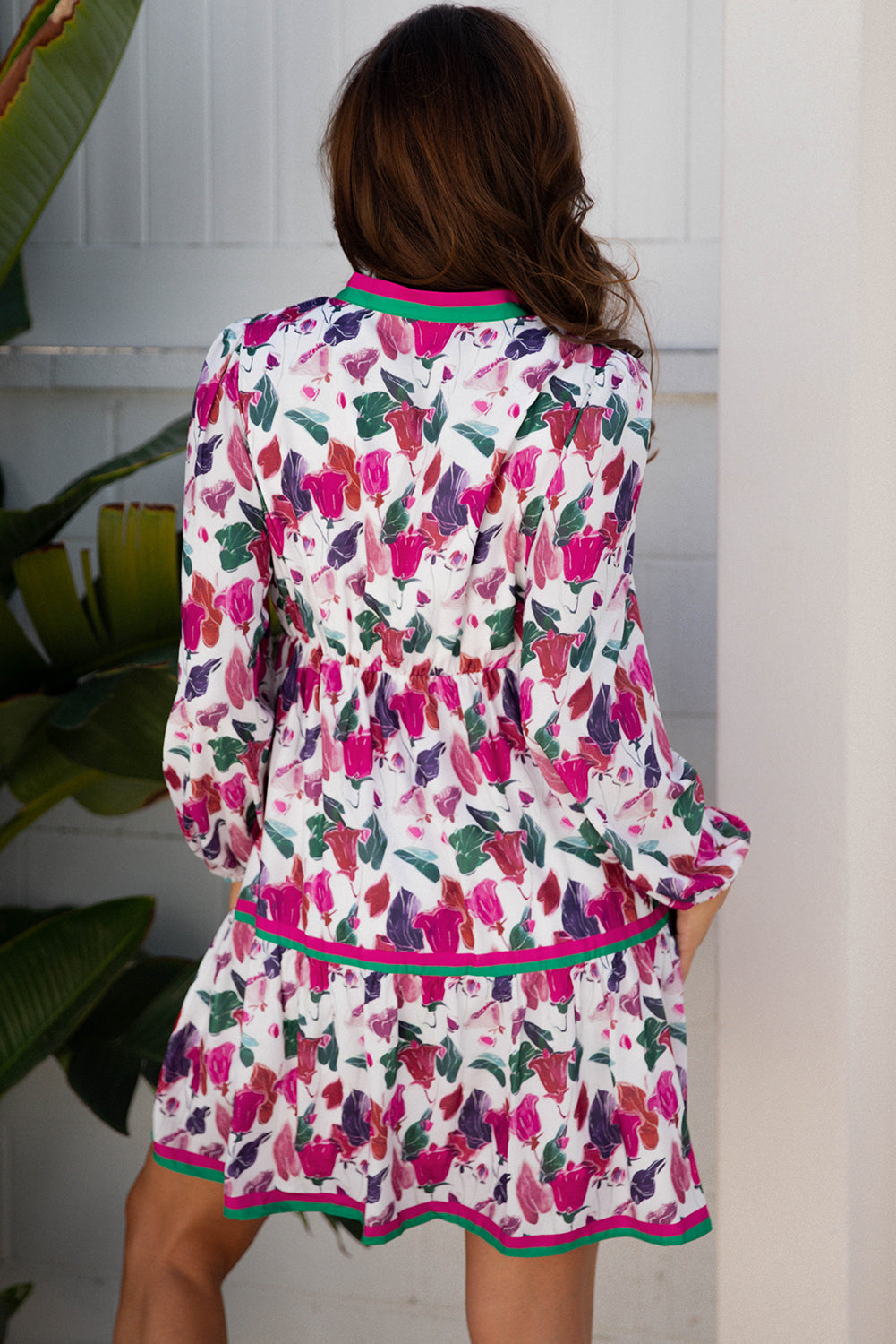 Purple Floral Print Contrast Striped Detail Long Sleeve Mini Dress