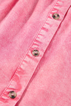 Pink Ruffled Short Sleeve Buttoned Denim Mini Dress