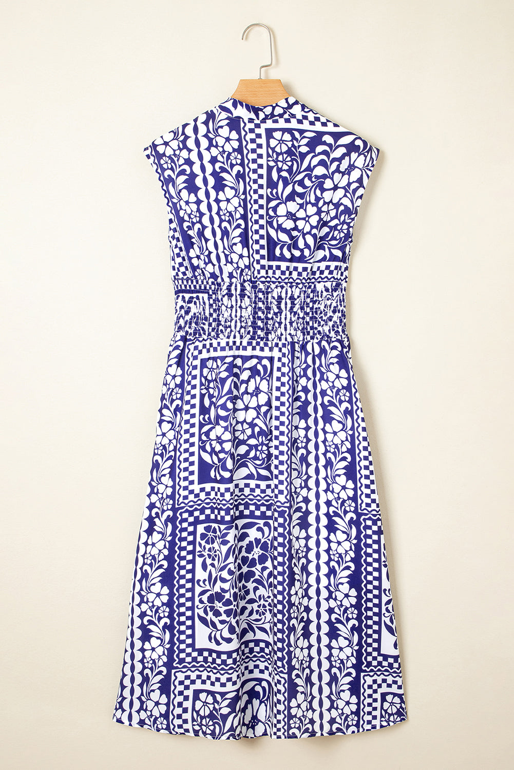 Dirty blue Shirred Waist V Neck Sleeveless Floral Print Midi Dress