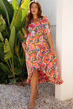 Rose Summer Plant Print Surpliced V Neck Ruffled Asymmetric Slit Wide Short Sleeve Maxi Dress