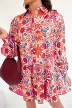 Red Fall Flower Print Long Sleeve Mini Dress