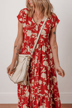 Red Floral Print Buttoned Front V Neck Tiered Short Sleeve Midi Dress