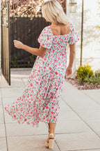 Pink Floral Puff Sleeve Square Neck Empire Waist Tiered Maxi Dress