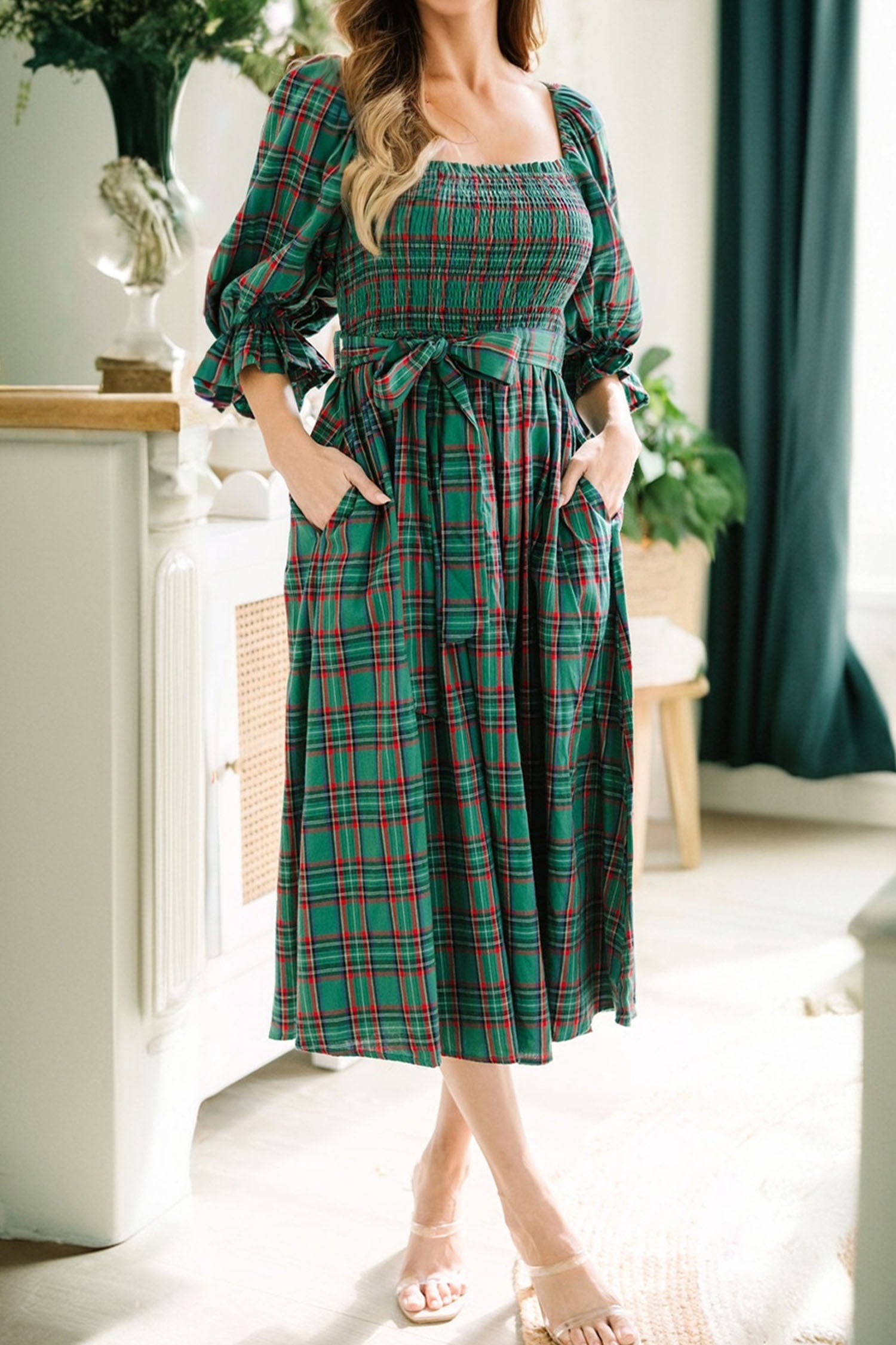 Red Tartan Plaid Square Neck Puff Sleeve Knot Waist Flared Midi Dress