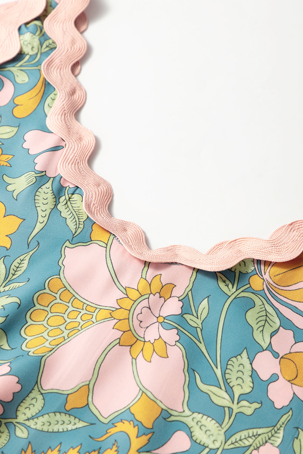 Sky Blue Floral Ricrac Trim V Neck Shift Mini Tank Dress