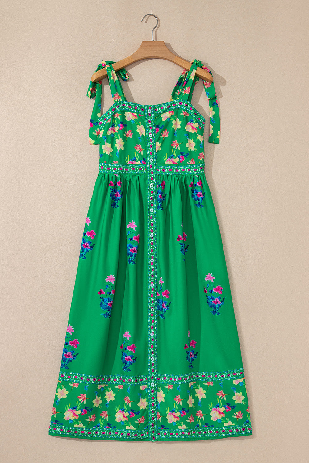 Green Floral Print Contrast Trim Knotted Straps Midi Dress