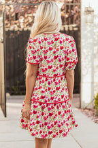 Red Floral Puff Sleeve Tiered Ric Rac Pocketed Mini Dress
