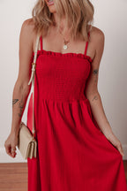 Racing Red Textured Shirred Ruffled Trim Spaghetti Strap Midi Dress