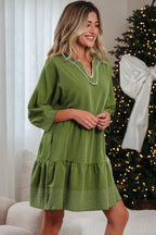 Jungle Green Contrast Stitched V Neck 3/4 Sleeve Tiered Mini Dress