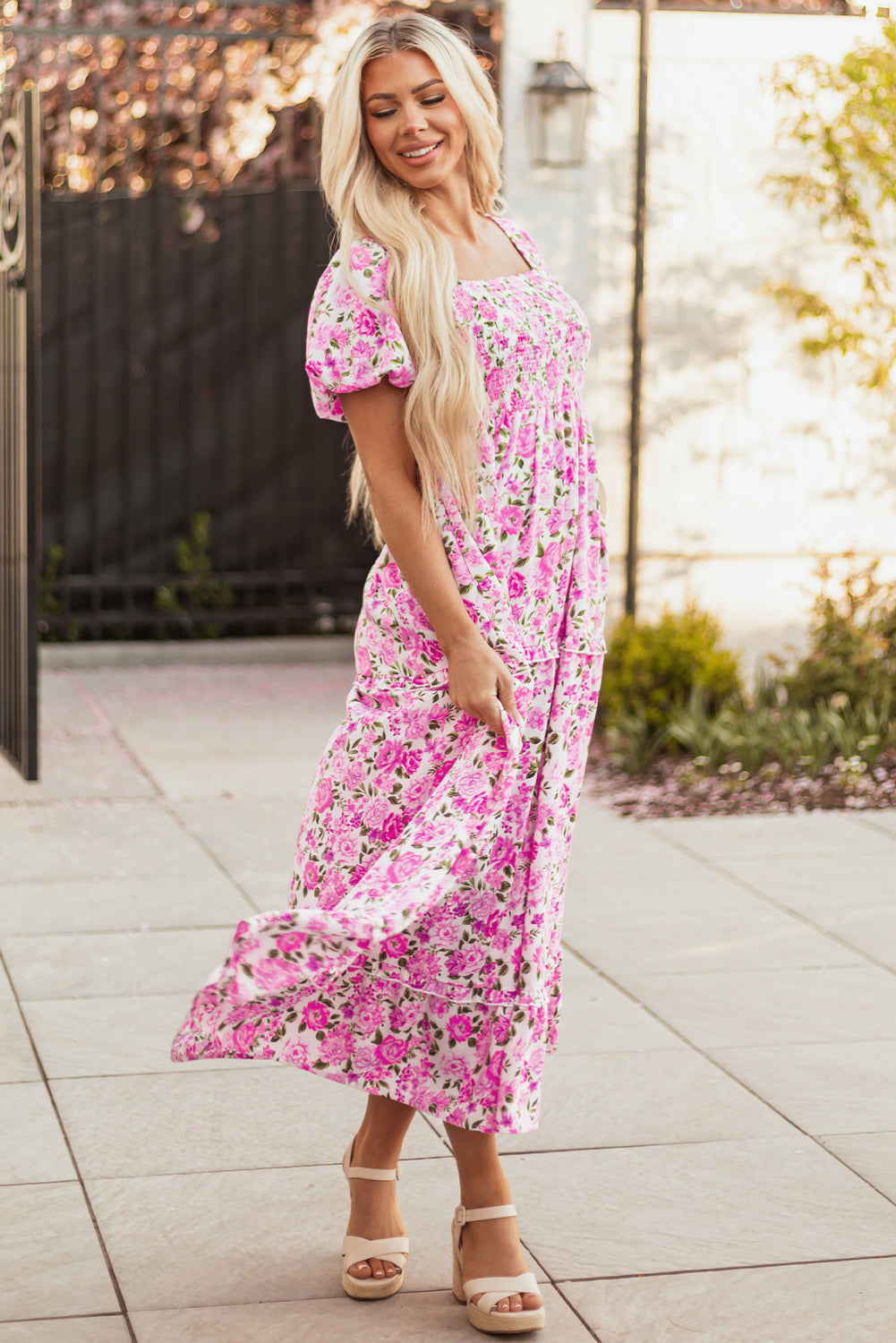 Pink Dainty Floral Smocked Puff Sleeve Flowy Long Dress