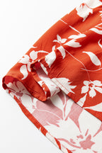 Red Boho Floral Print Lettuce Trim 3/4 Sleeve Mini Dress