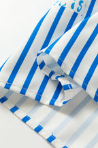 Sky Blue Contrast Striped Trim Floral Shift Fit Fall Dress