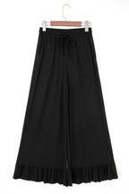 Black Ruffled Wide Leg Pull On High Waist Pants with Pockets