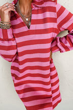 Red Stripe Polo Neck Shift Fit Sweatshirt Dress with Side Pockets