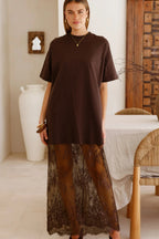 Black Floral Patchwork Short Sleeve T Shirt Loose Maxi Dress