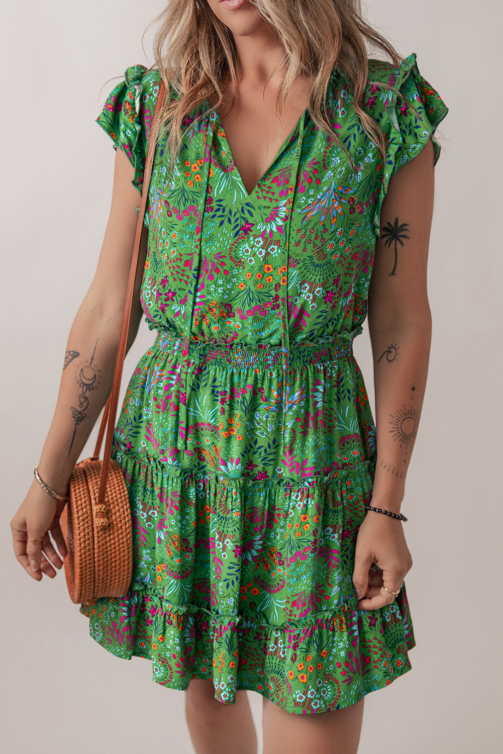 Green Floral Tie Split Neck Frilly Ruffle Trim Tiered Short Dress