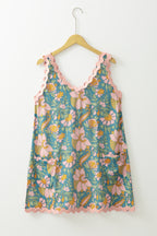 Sky Blue Floral Ricrac Trim V Neck Shift Mini Tank Dress
