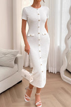 White Button Decor Fake Pocket Short Sleeve Textured Knit Bodycon Midi Dress