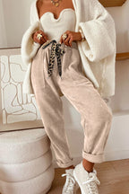 Gray Morn Corduroy Leopard Drawstring High Waist Trousers