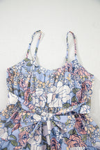 Sky Blue Floral Tiered Patchwork Spaghetti Strap Vacation Dress