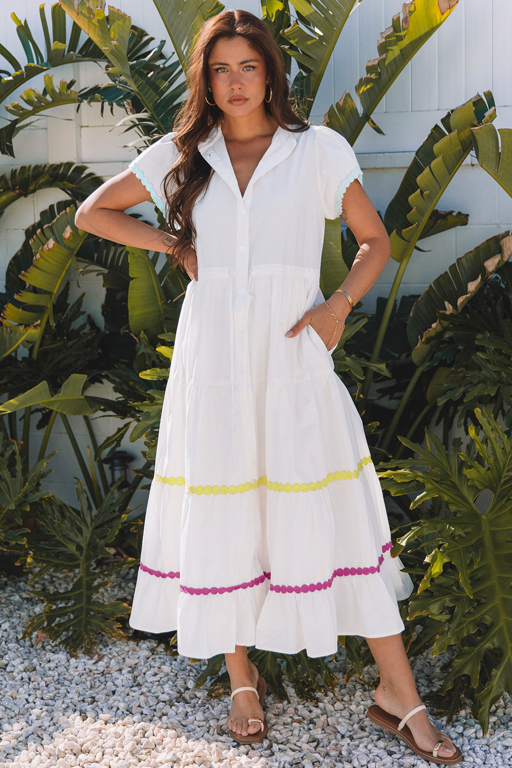 White Colorblock Rickrack Trim Short Sleeve Drawstring Waist Long Dress