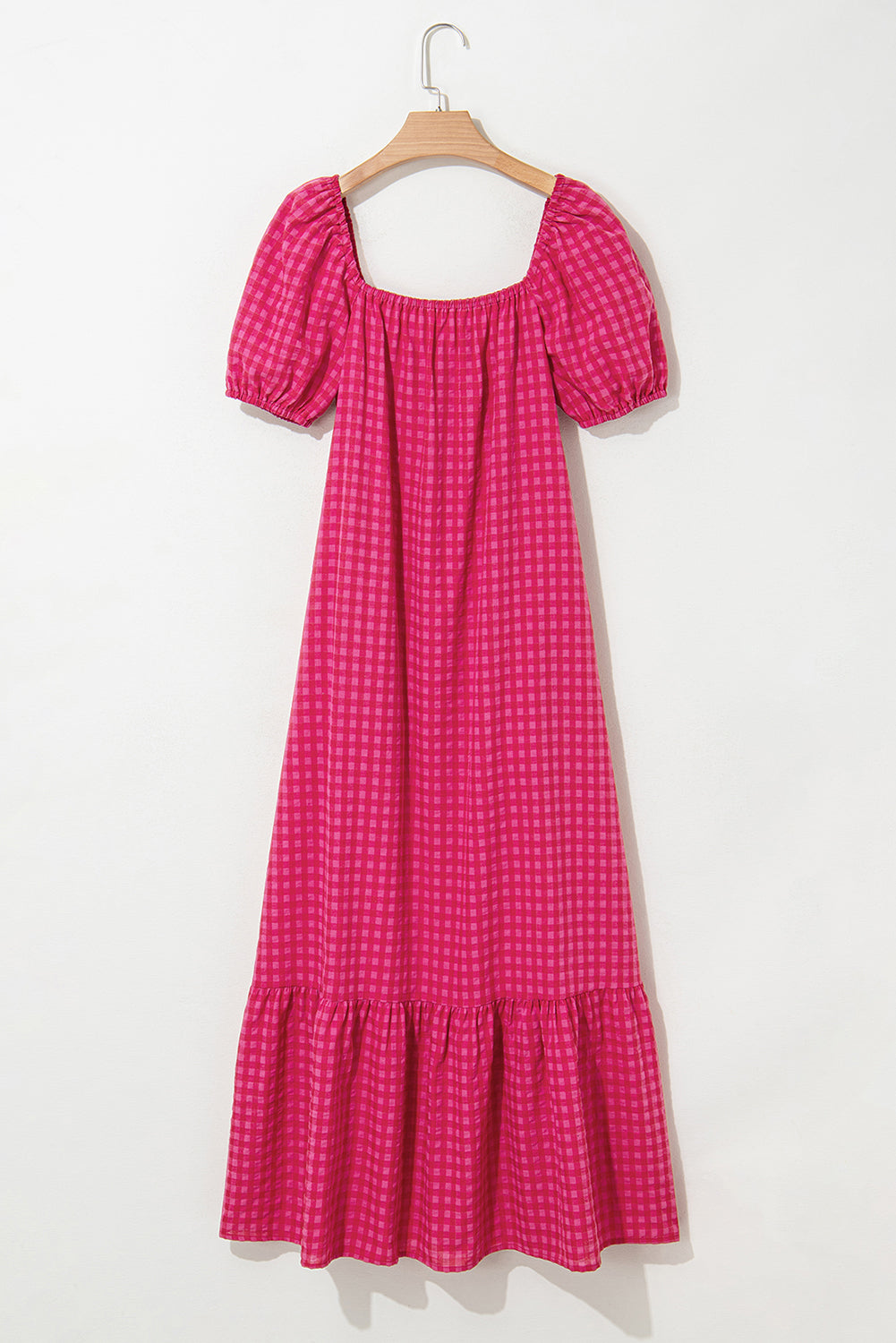 Rose Ginham Check Bubble Sleeve Ruffled Maxi Dress