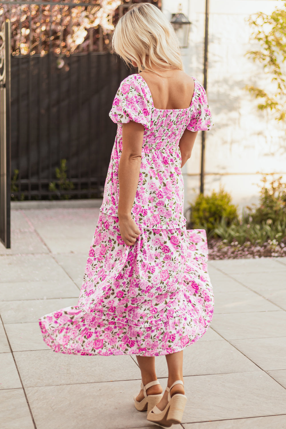 Pink Dainty Floral Smocked Puff Sleeve Flowy Long Dress