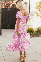 Pink Dainty Floral Smocked Puff Sleeve Flowy Long Dress