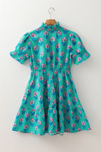 Green Floral Print Frilly Smocked Detail High Waist Mini Dress
