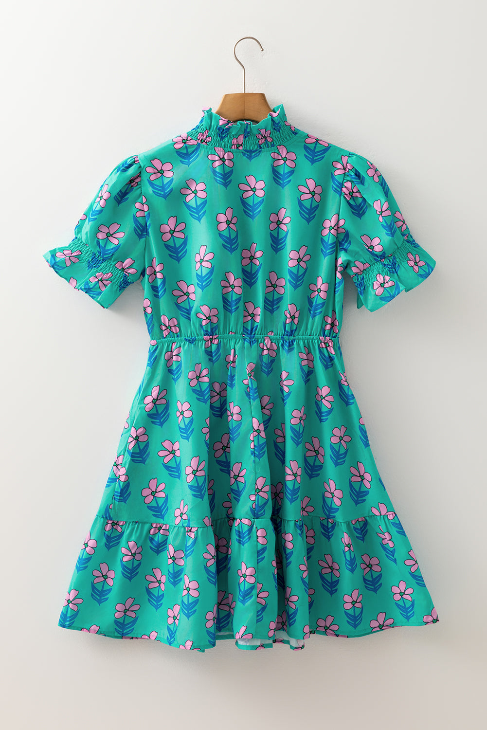 Green Floral Print Frilly Smocked Detail High Waist Mini Dress