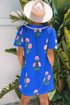 Apricot Floral Short Sleeve Split Neck Loose Mini Dress
