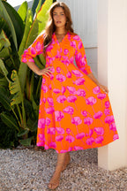 Orange Floral Print Frilly Smocked V Neck 3/4 Sleeve Long Dress