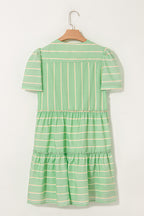 Green Stripe V Neck Short Sleeve Frilled Detail A-line Dress