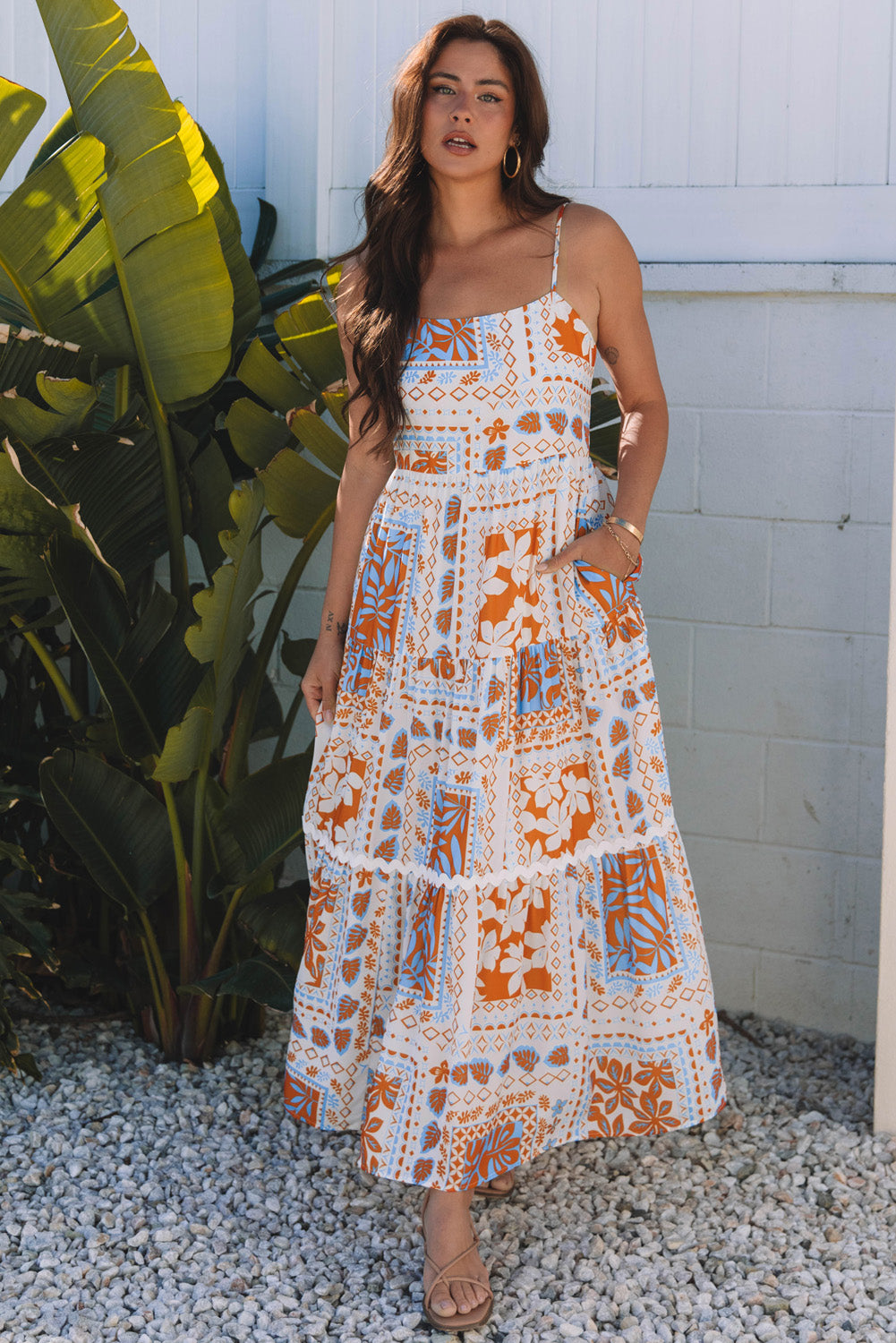 Orange Multi Printed Ricrac Trim Spaghetti Straps Maxi Dress