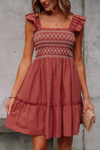 Red Sandalwood Geometric Stitch Shirred Bodice Ruffled Trim Sleeveless Mini Dress