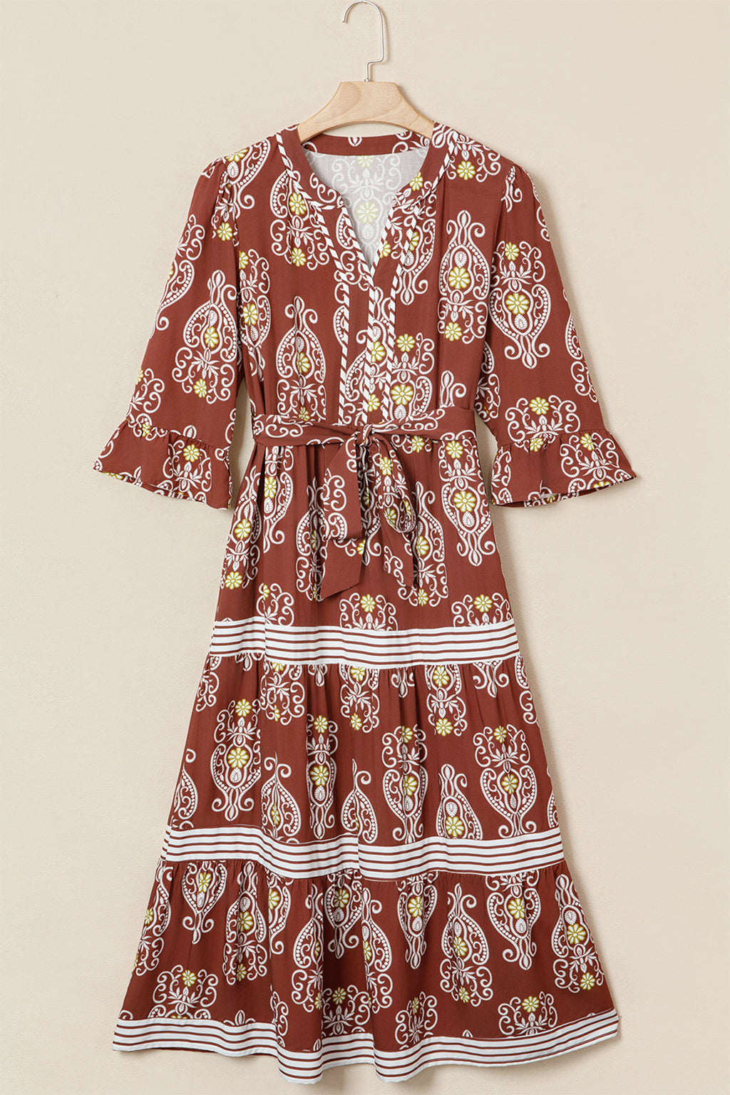 Brown Floral Print Belted Striped Trim Tiered Maxi Dress