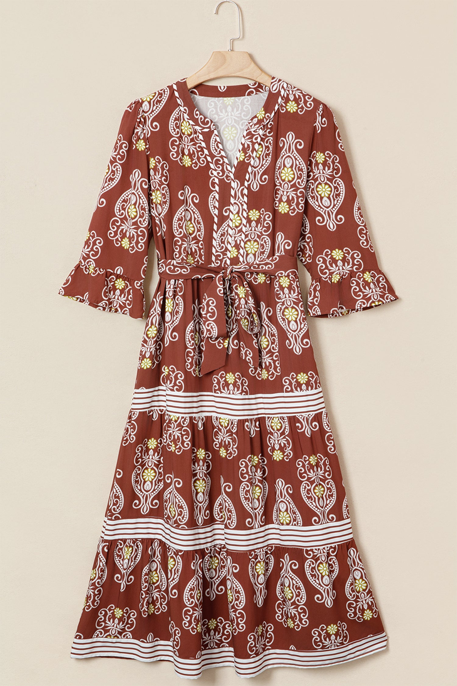 Brown Floral Print Belted Striped Trim Tiered Maxi Dress