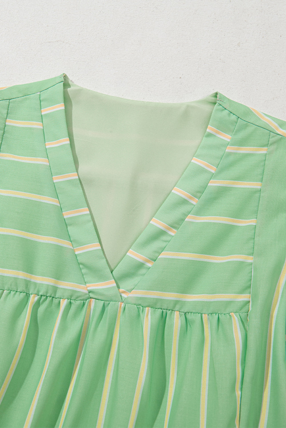 Green Stripe V Neck Short Sleeve Frilled Detail A-line Dress