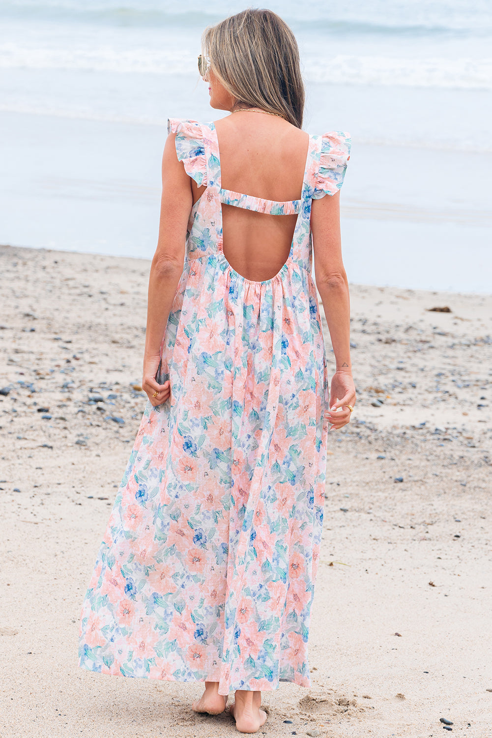 Pink Floral Print Square Neck Backless Long Dress with Slit