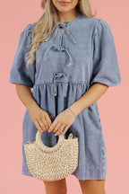 Dusk Blue Bowknot Bubble Sleeve Short Denim Dress