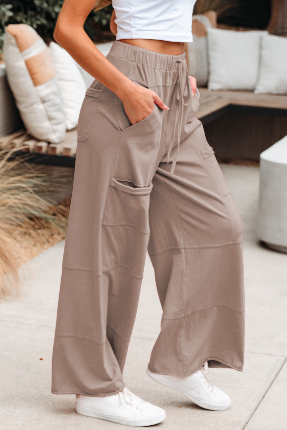 Black Mineral Wash Exposed Seam Drawstring Elastic Waistband Wide Leg Cargo Pants